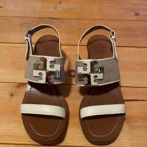 Tory Burch leather and canvas block heel sandals